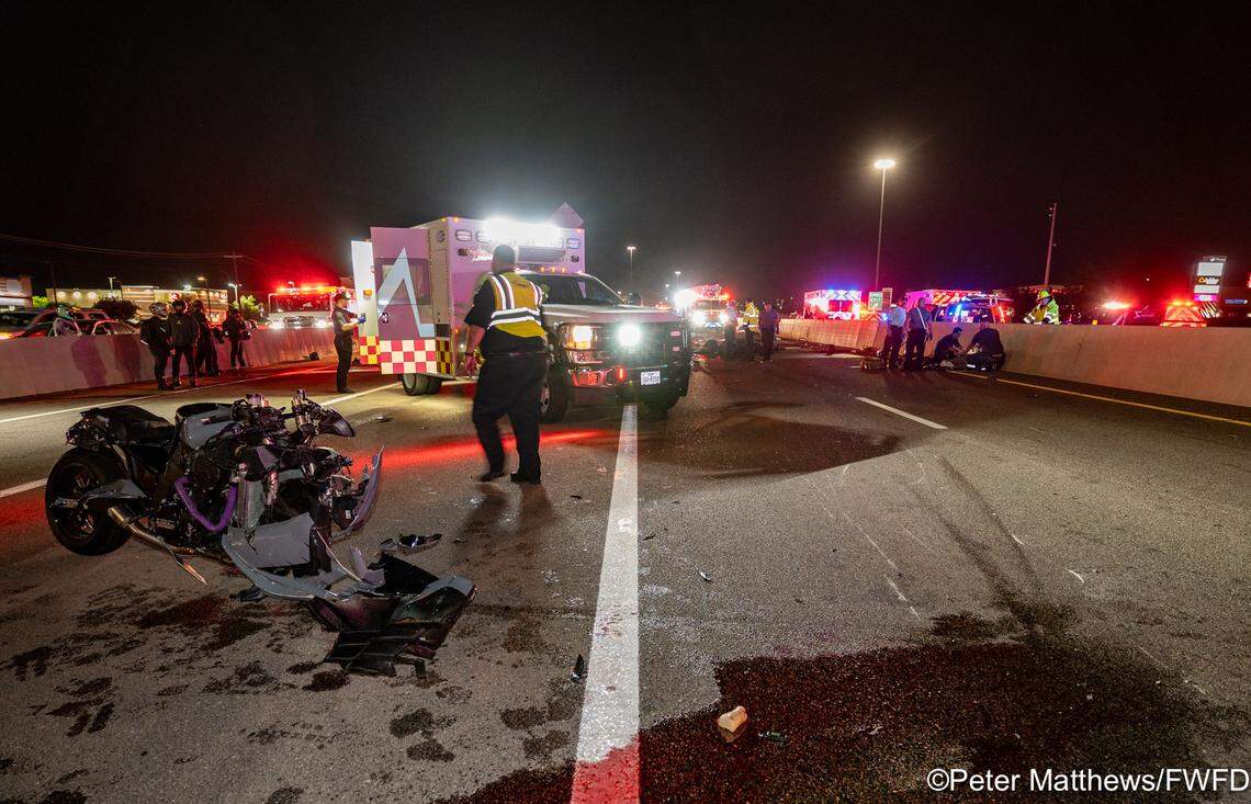 Seventeen people were injured when about 15 motorcycles crashed and caused a fire in the southbound express lanes of Interstate 35W in far north Fort Worth on Friday night, April 18, authorities said.