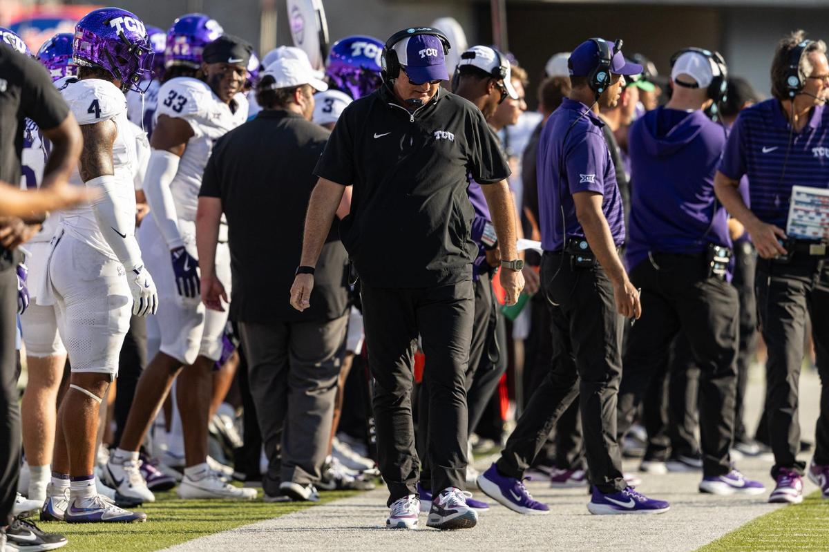 TCU Head Coach Sonny Dykes reacts after SMU returned a punt for a touchdown in the first quarter of a non-conference game between TCU and SMU at Gerald J. Ford Stadium in Dallas on Saturday.