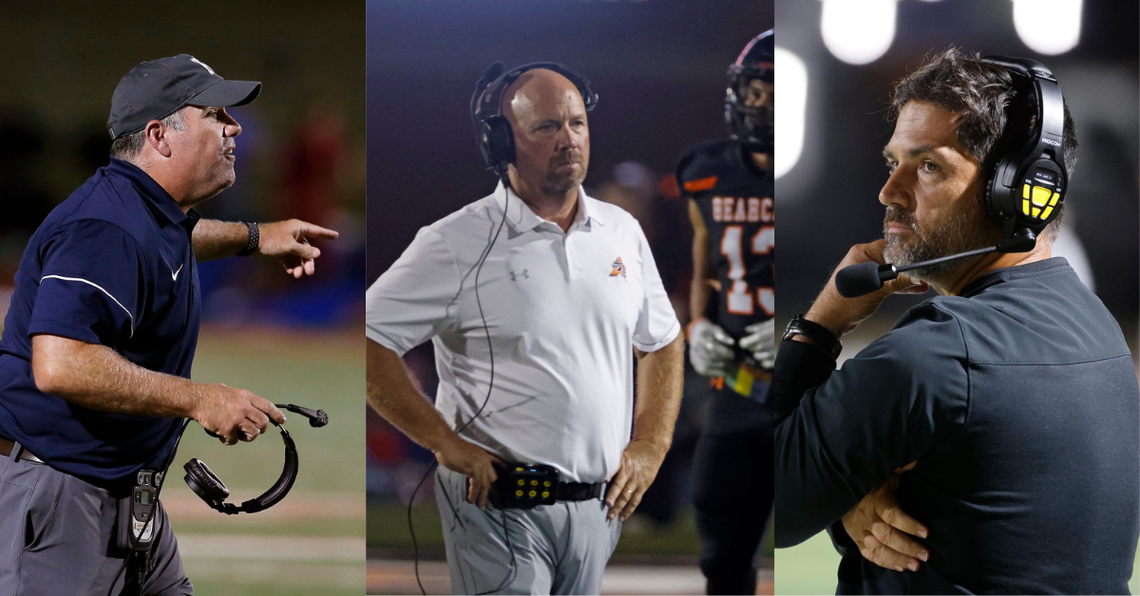 The average head coach in Dallas-Fort Worth makes $126,092.85. Pictured are Richland coach Ged Kates (left), Aledo coach Robby Jones (middle) and Haltom coach Jason Tucker. 