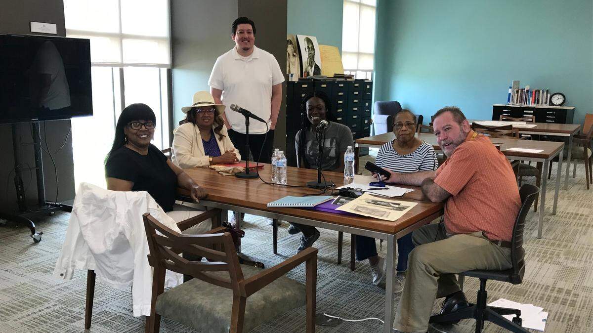 Left to right: Deborah Spell, Shirley Adams, Anthony Cisneros, Tayla Vaughn, Margaret Taylor and Mark Dellenbaugh pose after discussing The Hill, which was Arlington’s only designated area for Black and African American residents during segregation and reconstruction.