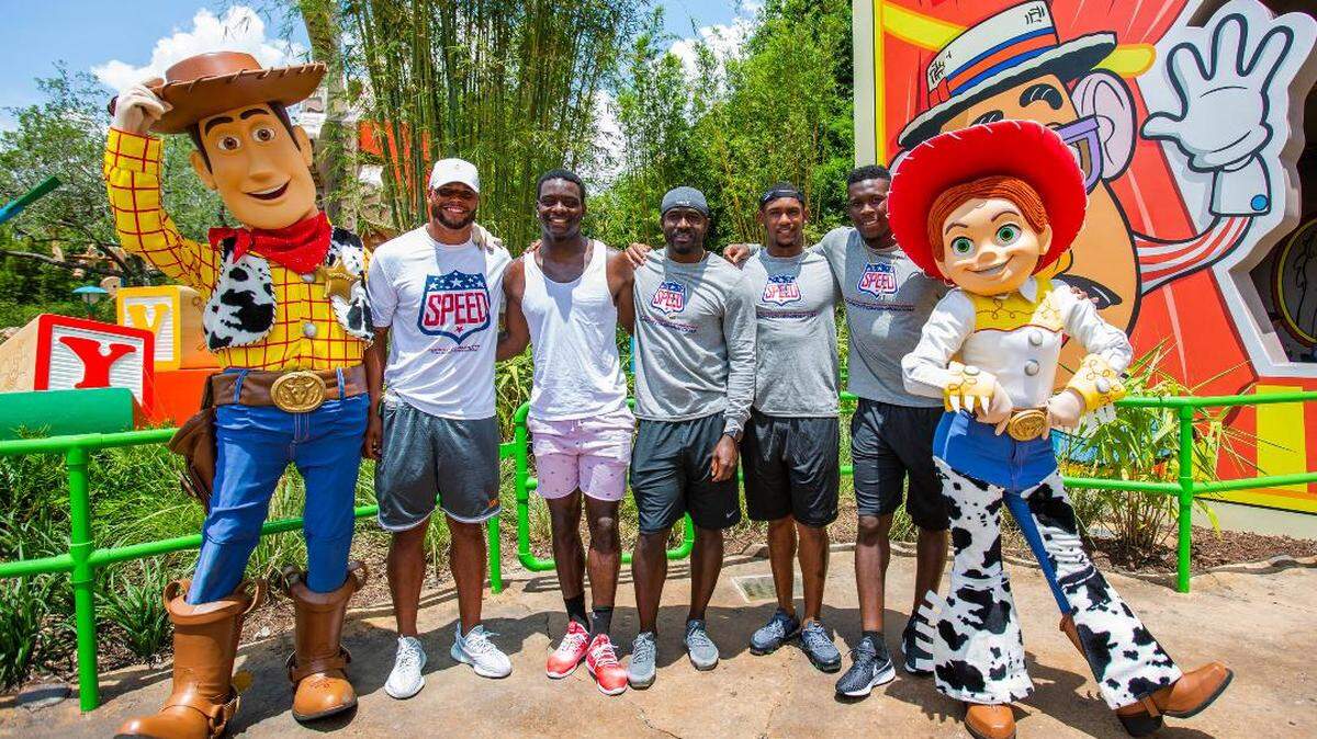Quarterback Dak Prescott and Cowboys receivers Michael Gallup, Deonte Thompson, Lance Lenoir and Allen Hurns bonded at Disney’s newest theme park, Toy Story Land.