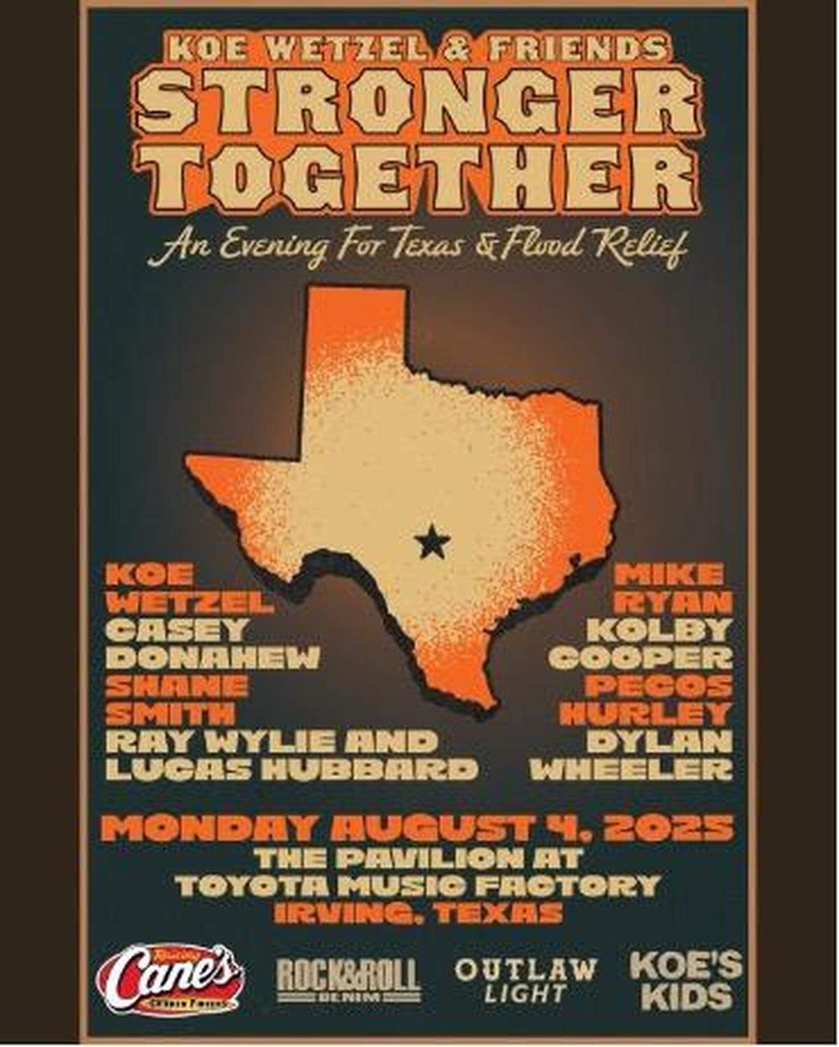 The poster for Koe Wetzel’s Texas Hill Country floods benefit concert.