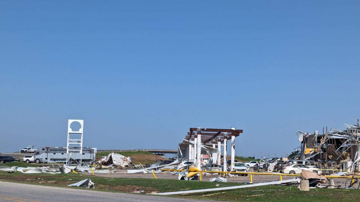 A gas station at Lone Oake Road and Interstate 35 on Sunday, May 26, 2024, after severe storms hit Valley View and Cooke County, Texas on Saturday.