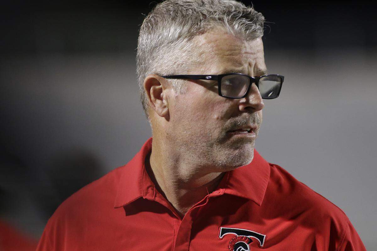 Euless Trinity Head Coach Aaron Lineweaver during Trinity’s game with Keller on Friday, October 17, 2025 at Pennington Field in Bedford, Texas.