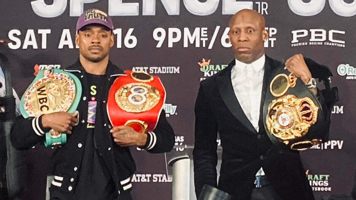 Errol Spence Jr. (left) of DeSoto will fight Yordenis Ugas for the welterweight title on Saturday night at AT&T Stadium. Spence has not fought since sustaining a detached retina in August of 2020.