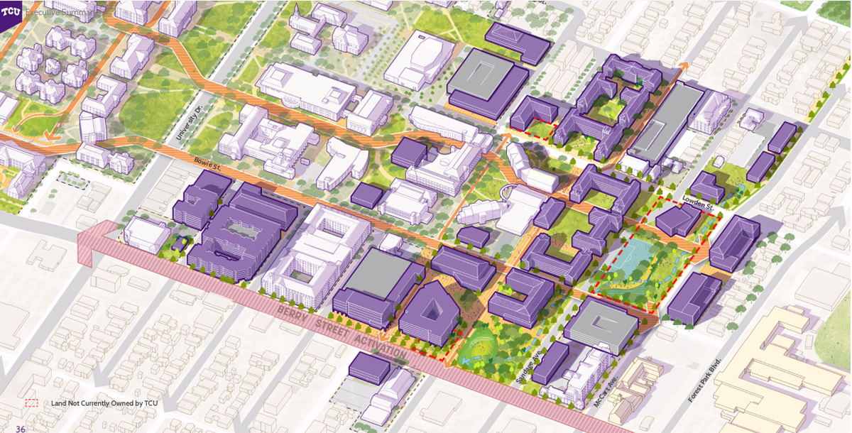 A rendering of what the eastern side of TCU’s campus and West Berry Street could look like if developed under TCU’s master plan. The east side of campus would become a residential hub, with 3,000 new beds for students. West Berry would be transformed into a Fort Worth destination, attracting both students and visitors to the campus.