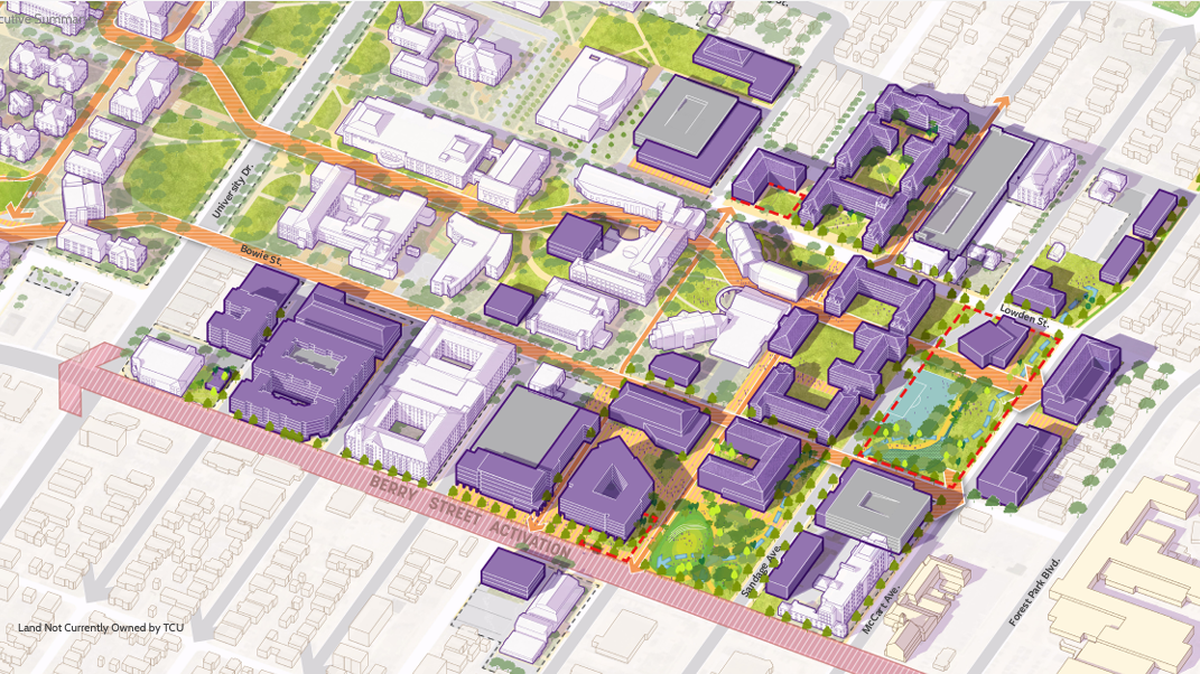 A rendering of what the eastern side of TCU’s campus and West Berry Street could look like if developed under TCU’s master plan. The east side of campus would become a residential hub, with 3,000 new beds for students. West Berry would be transformed into a Fort Worth destination, attracting both students and visitors to the campus.