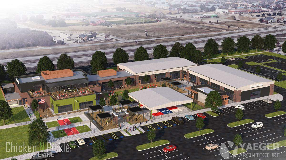 An artist rendering of the Chicken N Pickle location expected to open in December 2022.