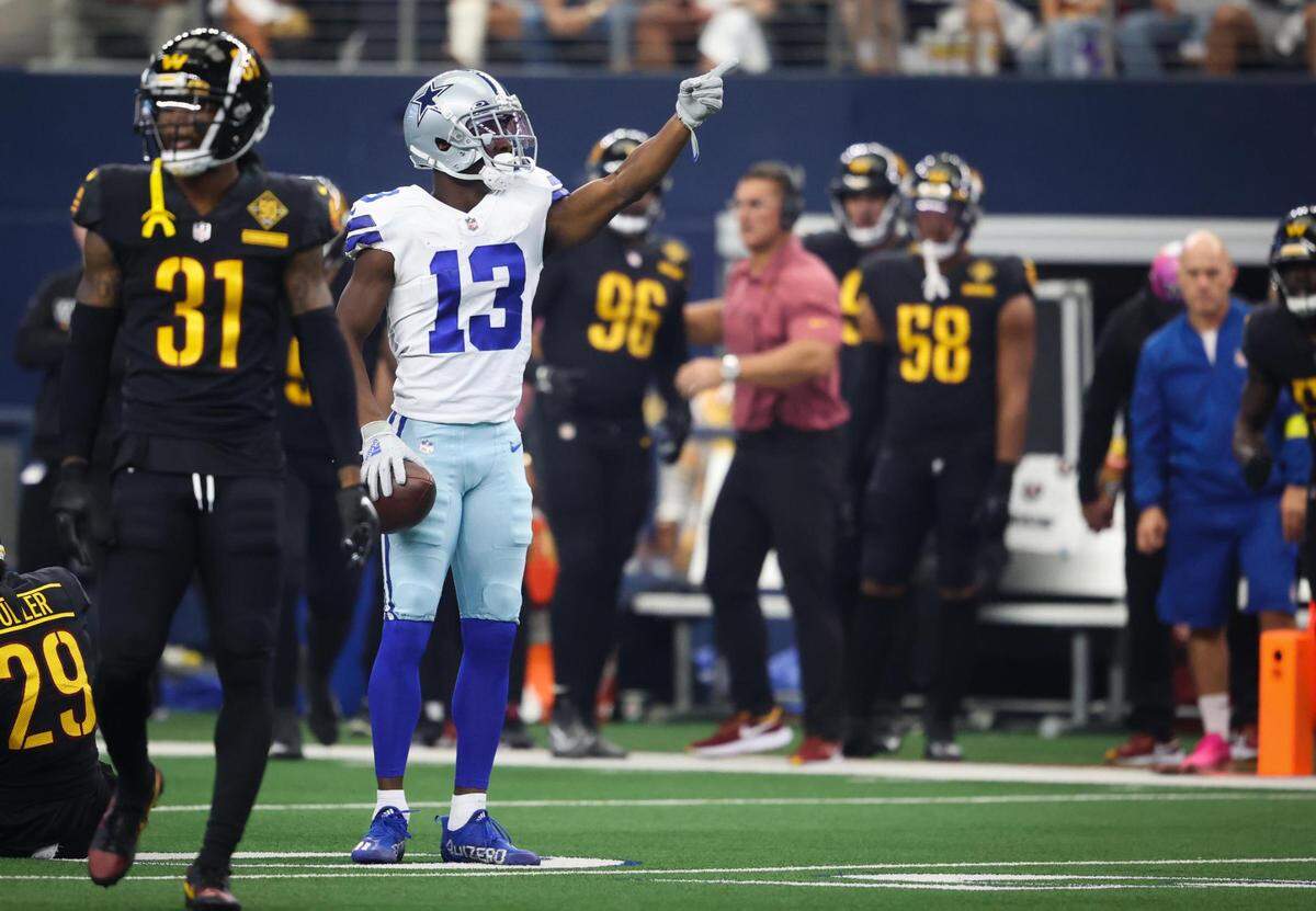 Dallas Cowboys Michael Gallup celebrates after Cooper Rush connected with him on Sunday, Oct. 2, 2022, at AT&T Stadium in Arlington. It’s Gallup’s first game back from an ACL injury last January.