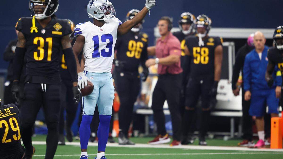 Dallas Cowboys Michael Gallup celebrates during the game against Washington Commanders on Sunday, Oct. 2, 2022, at AT&T Stadium in Arlington.