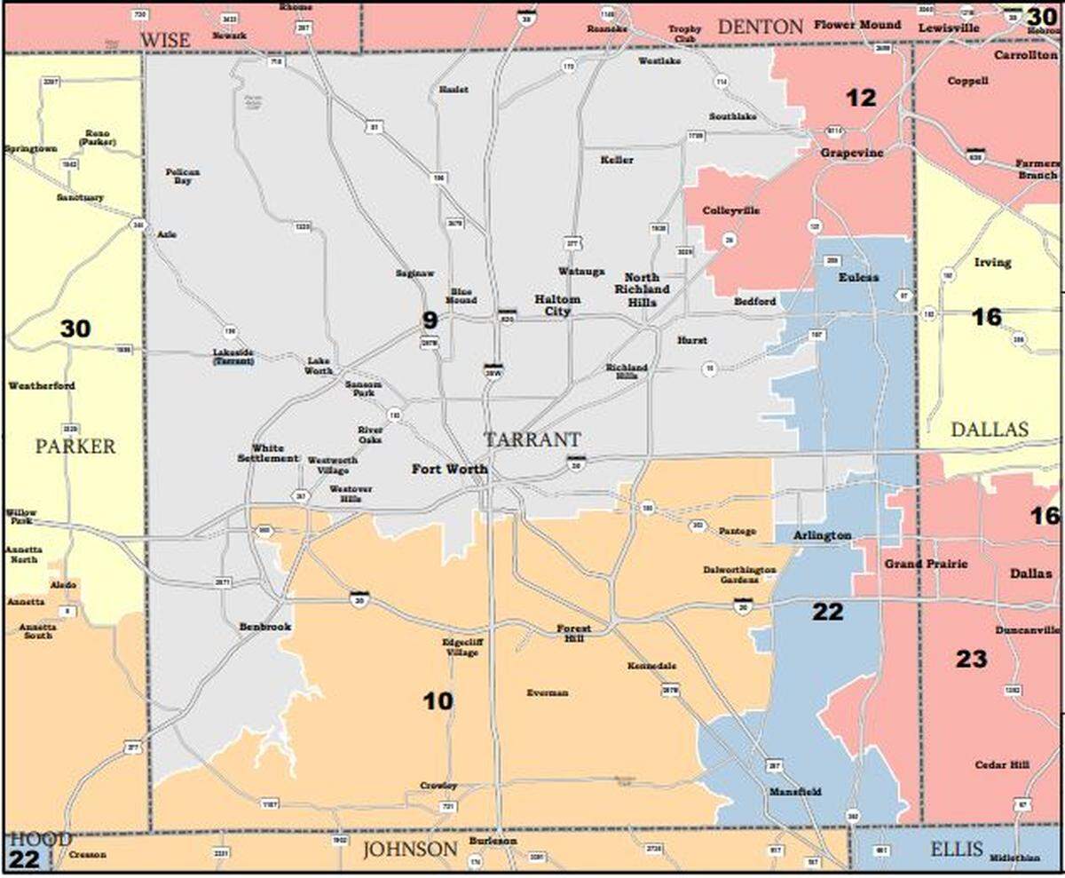 Pictured are the proposed boundaries for Tarrant County’s state Senate districts. The map has been sent to Gov. Greg Abbott for approval.