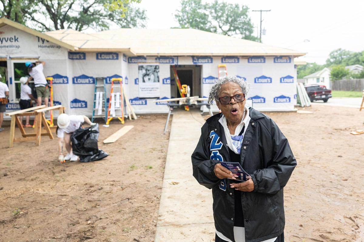 Opal Lee, known as the ‘Grandmother of Juneteenth,’ reacts to seeing the first home built as part of the Opal Lee 100 Legacy Home initiative at the Historic Rosedale neighborhood in Fort Worth on Friday, April 25. This initiative aims to build 100 homes to expand home ownership opportunities for essential workforce families.