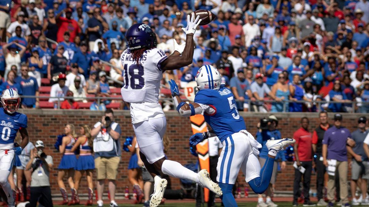 TCU wide receiver Savion Williams secures a touchdown on Saturday, Sept. 24, 2022, at the Gerald Ford Stadium in Southern Methodist University in Dallas, Texas.
