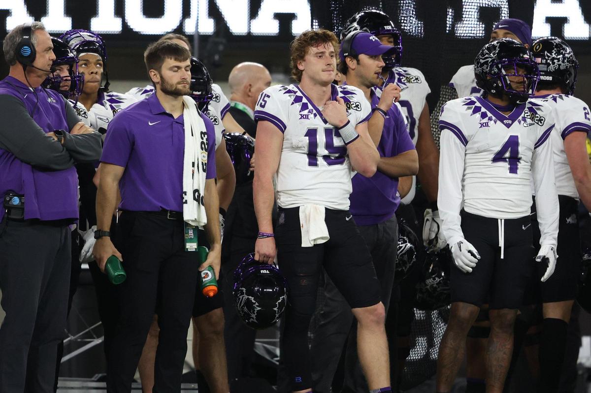 TCU Horned Frogs quarterback Max Duggan (15) watches his team trail Georgia from the sideline late in the fourth quarter during the College Football Playoff National Championship on Monday, Jan. 9, 2023, at SoFi Stadium in Inglewood, Calif.