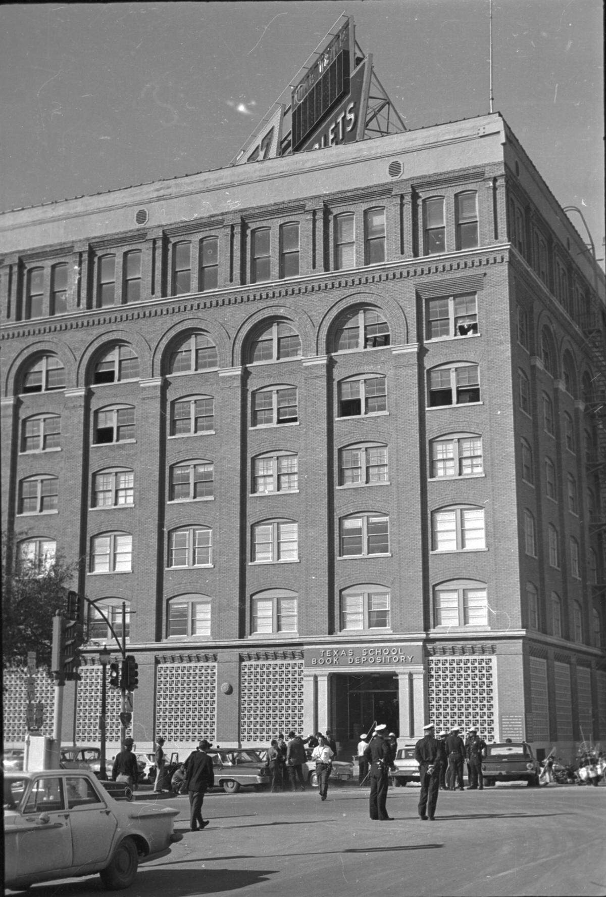 Nov. 22, 1963: Texas Book Depository building where Oswald shot John F. Kennedy, photo taken after shooting.