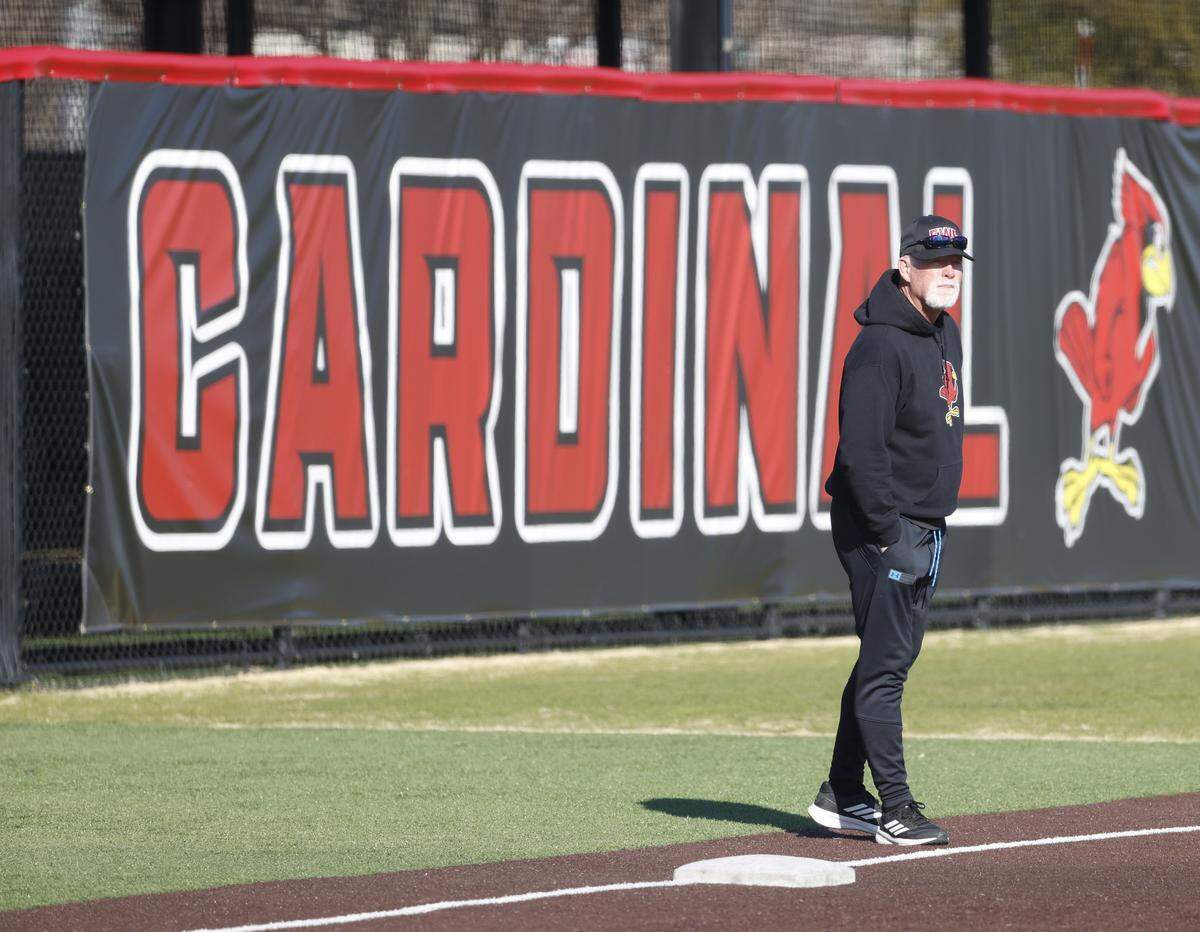 Fort Worth Christian head baseball coach Rusty Greer watches baseball practice at Fort Worth Christian School in North Richland Hills, Texas, Monday Feb. 23, 2026.