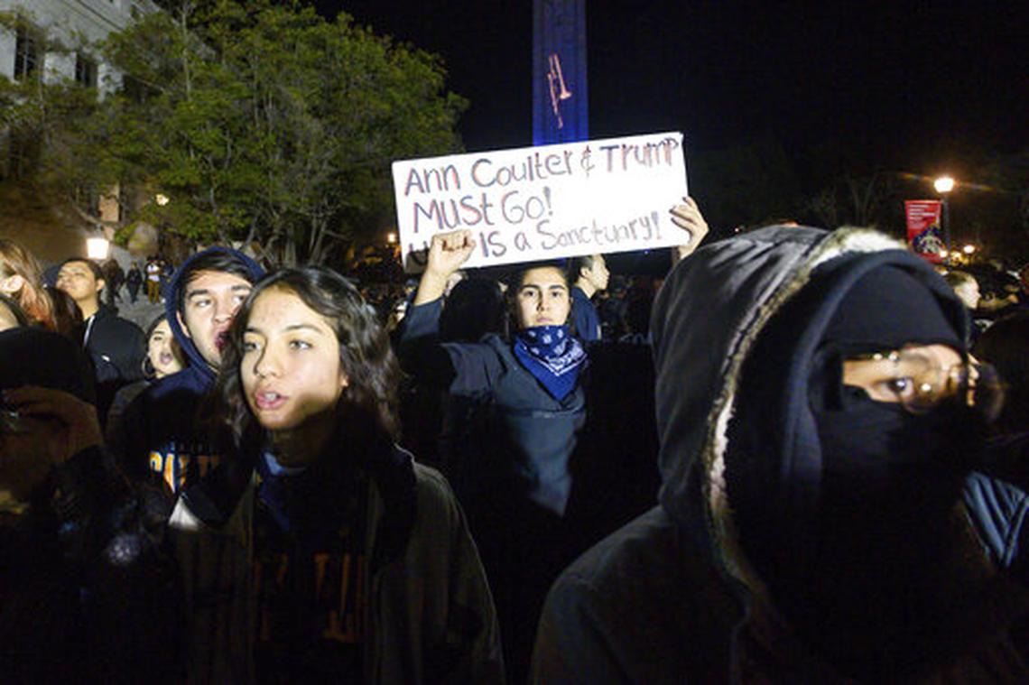 University of California, Berkeley student Magaly Mercado joins protesters outside a speech by conservative commentator Ann Coulter in 2019.