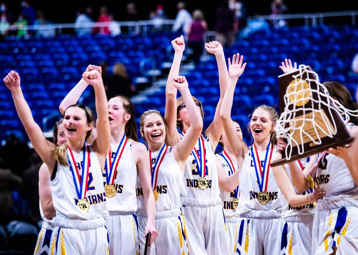 Lipan celebrates winning the 2A title after defeating Martin’s Mill 44-39 at the Alamodome in San Antonio Texas, on March 11, 2021. (Photo by Matt Smith. Special to the Star-Telegram).