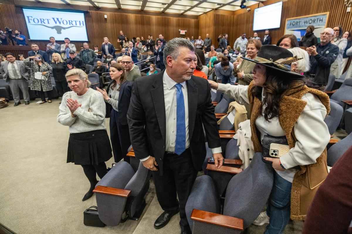 Jay Chapa is acknowledged by the city council meeting attendees following a motion to vote Chapa in as the new City Manager of Fort Worth at City Hall on Tuesday, Dec. 10., 2024.