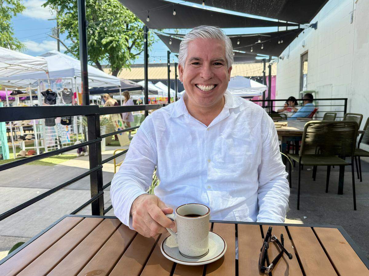 Adrian Burciaga of Burciaga Hospitality Group on the downstairs patio at Tinies during a market day at the adjoining South Main Micro Park.