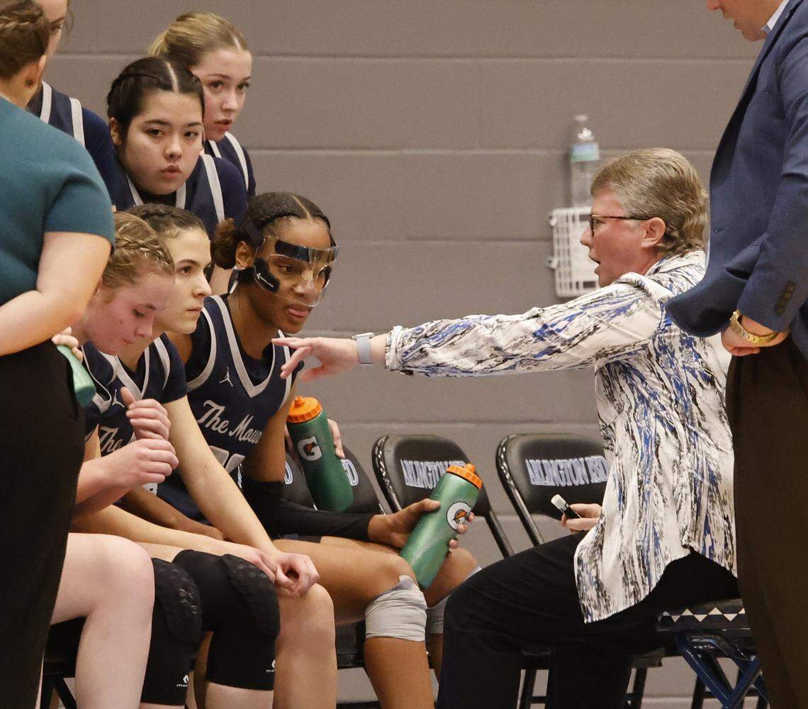 Flower Mound head coach Sherika Nelson talks to her team during a timeout against North Crowley in the second half of a UIL Class 6A Division I girls regional final basketball playoff game at Arlington ISD Athletics Center in Arlington, Texas, Friday Feb. 27, 2026.