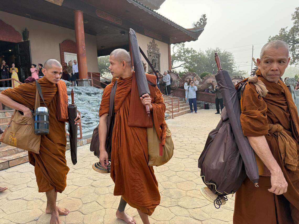 Nineteen Buddhist monks began a 2,300-mile walk from Fort Worth to Washington, D.C., promoting national healing, unity and compassion on Sunday.