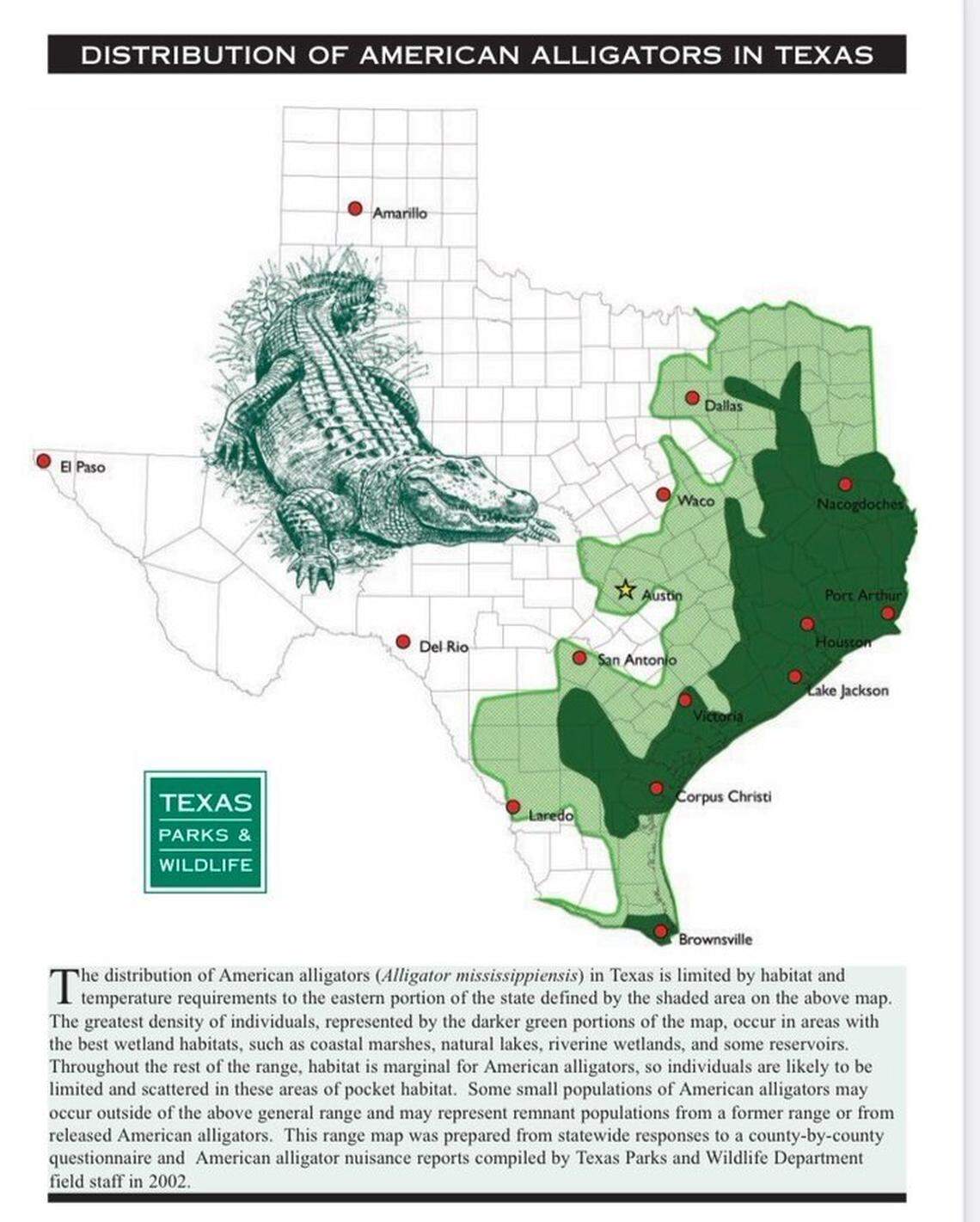 Map showing alligator habitats in Texas.