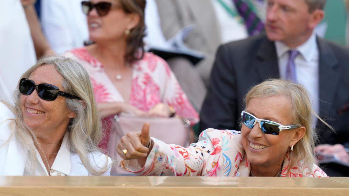 Former Wimbledon champion and Fort Worth resident Martina Navratilova, right, and gestures as she sits in the Royal Box earlier this year at the Wimbledon tennis championships in London. Martina will be in Fort Worth for the upcoming WTA Finals at Dickies Arena.