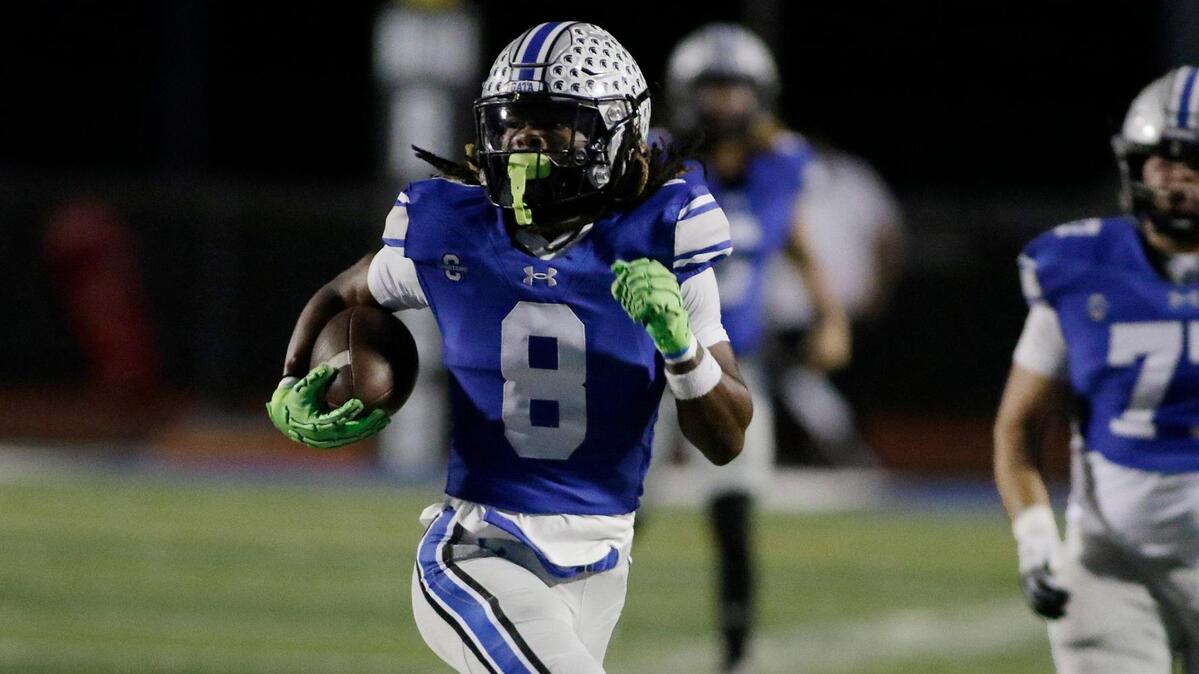 Burleson’s Keilan Gregory finds a gap and goes on a long reception for a touchdown during a UIL football game at Burleson ISD Stadium on Friday October 25, 2024.