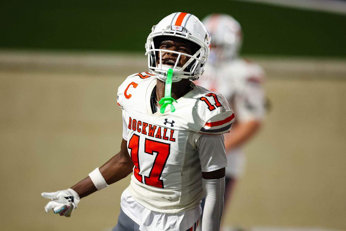 Rockwall wide receiver Ryan Wiley yells toward the North Crowley sideline after scoring the go-ahead touchdown in the late fourth quarter in a non-district game between North Crowley and Rockwall at Crowley ISD Stadium in Crowley, Texas on Sept. 18, 2025.