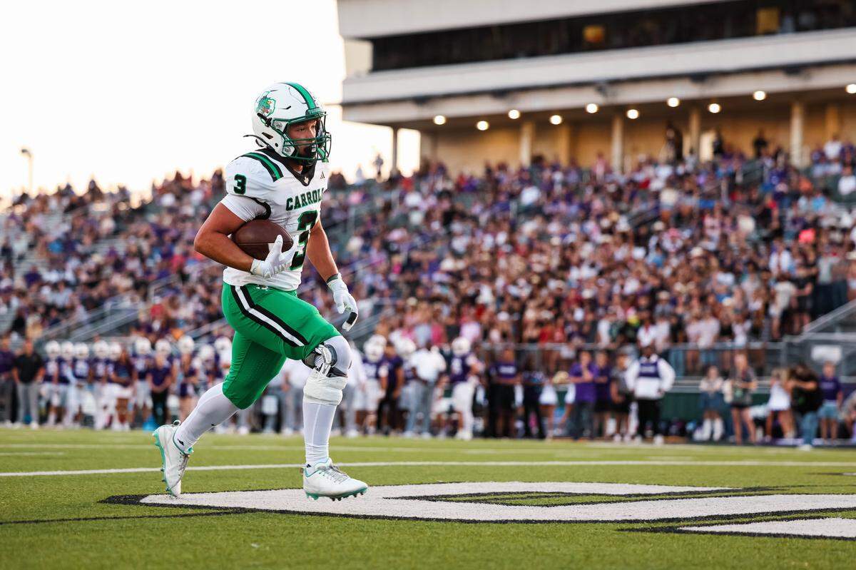 Southlake Carroll running back Davis Penn strides into the end zone for a touchdown against Keller Timber Creek on Sept. 25 at Keller ISD Stadium.