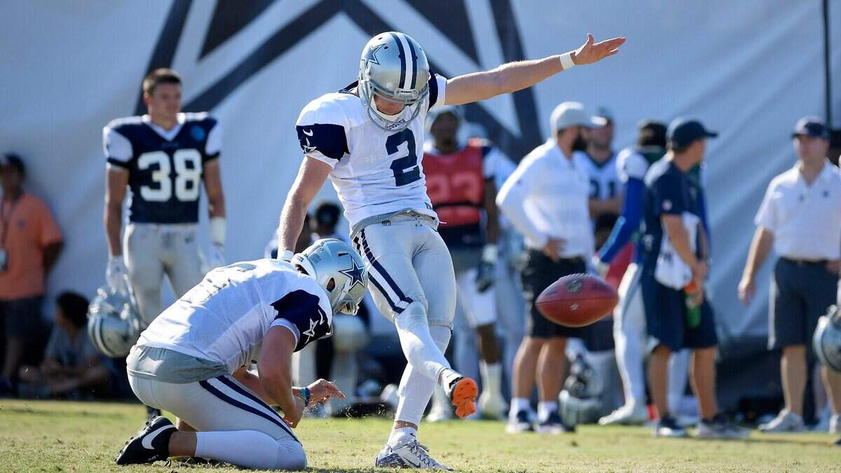 Cowboys kicker Brett Maher kicks field goals during a training camp practice in Oxnard, Calif., on Aug. 6. Maher earned a spot on Dallas’ 53-man roster while veteran Dan Bailey was waived.