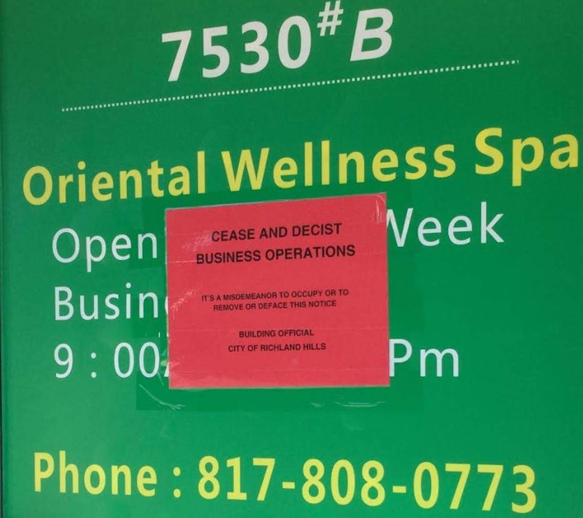 A cease and decist order is on the Oriental Wellness Spa in Richland Hills which was shut down Friday.