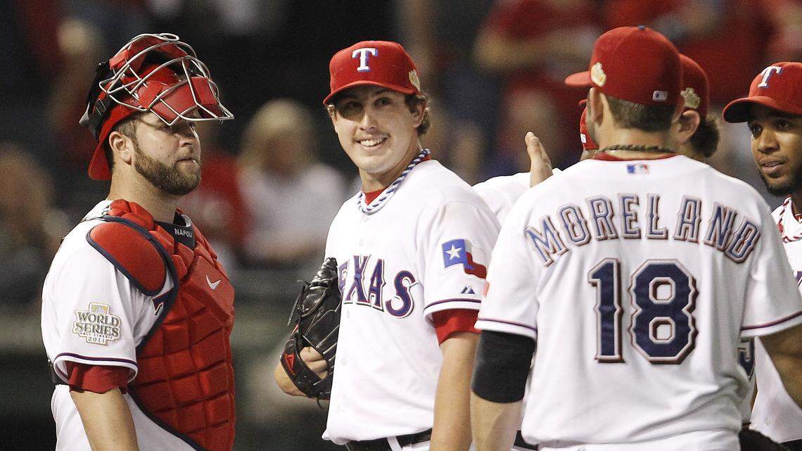 Derek Holland smiles Oct. 23, 2011, just before manager Ron Washington took him out of Game 4 of the 2011 World Series at Globe Life Park. Holland tossed 8 1/3 scoreless innings.