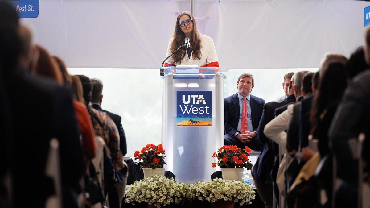UTA President Jennifer Cowley speaks during the ground breaking for the new UTA West campus on Thursday. UTA leaders and local political and economic power brokers hail the new campus as a growth catalyst in far west Fort Worth.