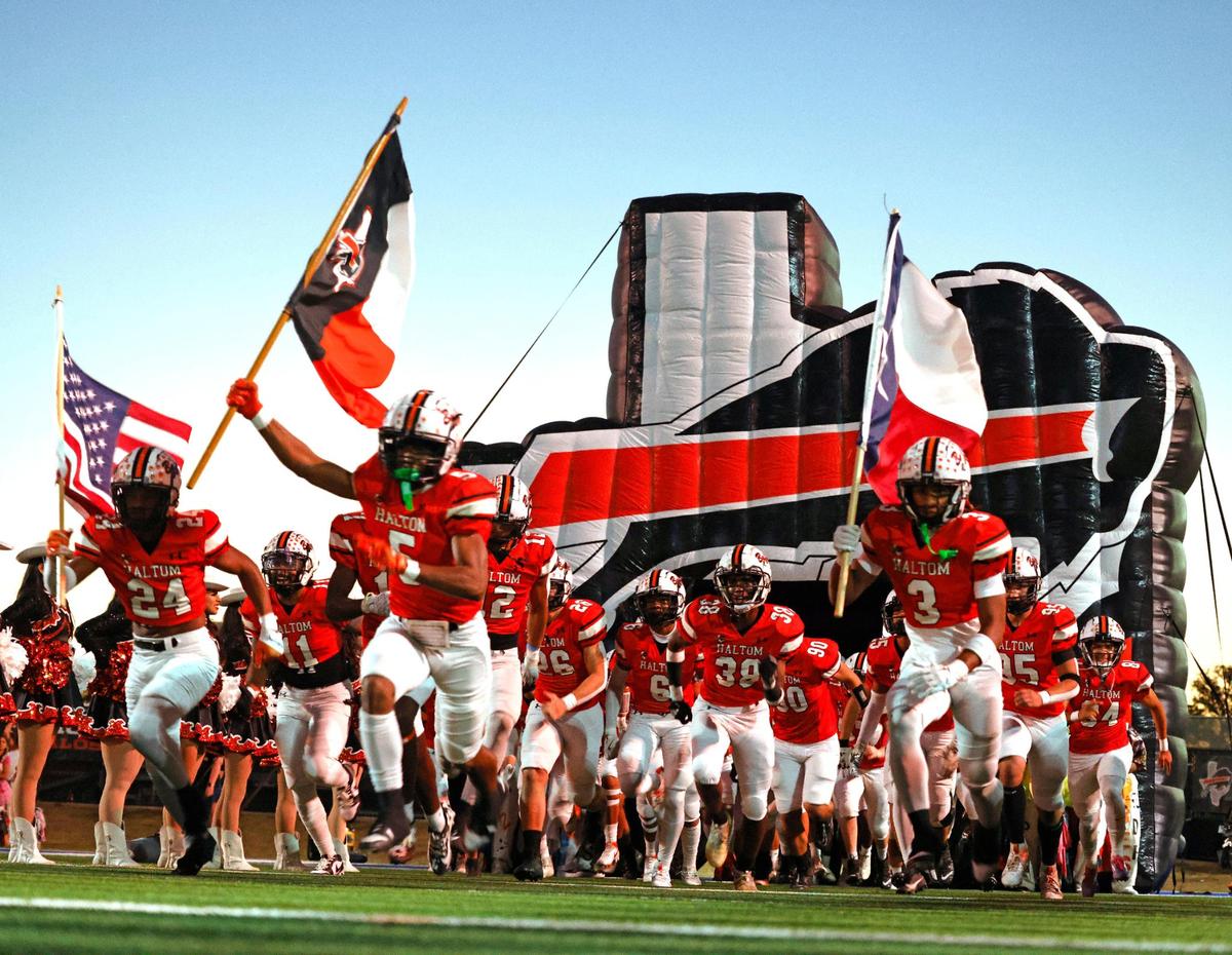 The Buffaloes take the field before a UIL District 8-6A football game at Birdville Fine Arts/Activity Complex in North Richland Hills, Texas, Thursday, Oct. 31, 2024.