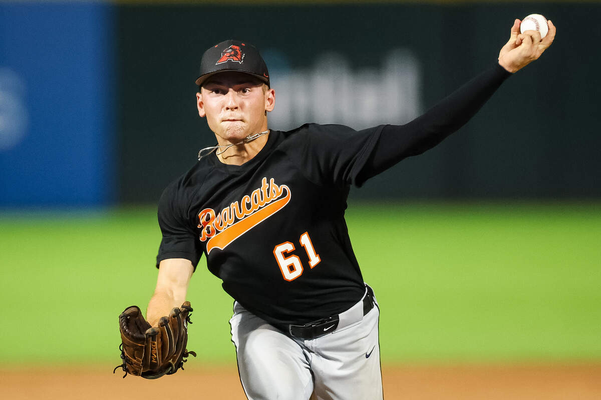 Aledo pitcher Lucas Nawrocki (61) attempts to throw a pitch in the UIL Class 5A Division I baseball state championship game against Montgomery Lake Creek at Dell Diamond in Round Rock, Texas, on Friday, June 5, 2026.