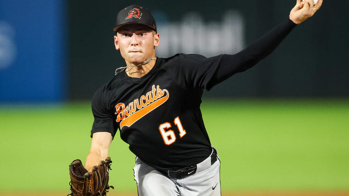 Aledo pitcher Lucas Nawrocki (61) attempts to throw a pitch in the UIL Class 5A Division I baseball state championship game against Montgomery Lake Creek at Dell Diamond in Round Rock, Texas, on Friday, June 5, 2026.