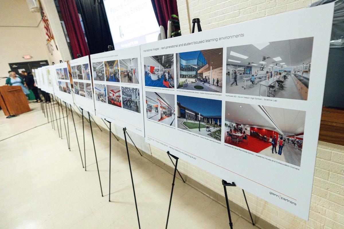 Multiple large photos are on display on easels for people to examine.