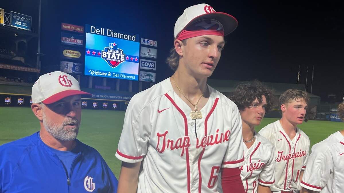 Grapevine’s Dasan Hill celebrates a Class 5A state semifinal win against Leander Rouse on June 6, 2024. Hill allowed zero runs in six innings.