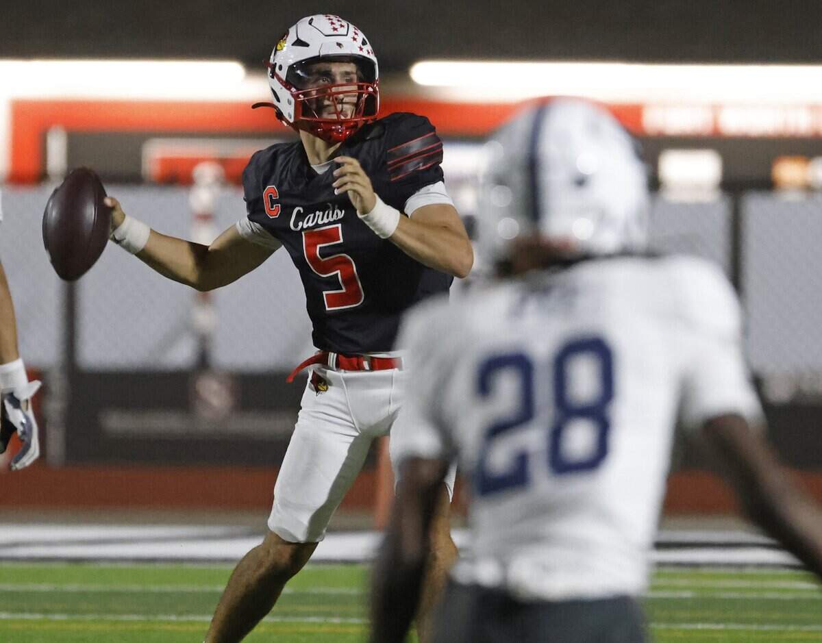 Fort Worth quarterback Landon Gigliotta aims to throw during the first half of a TAPPS football game between Fort Worth All Saints and Fort Worth Christian at Barrow Field in North Richland Hills, Texas, Friday, October 31, 2025.