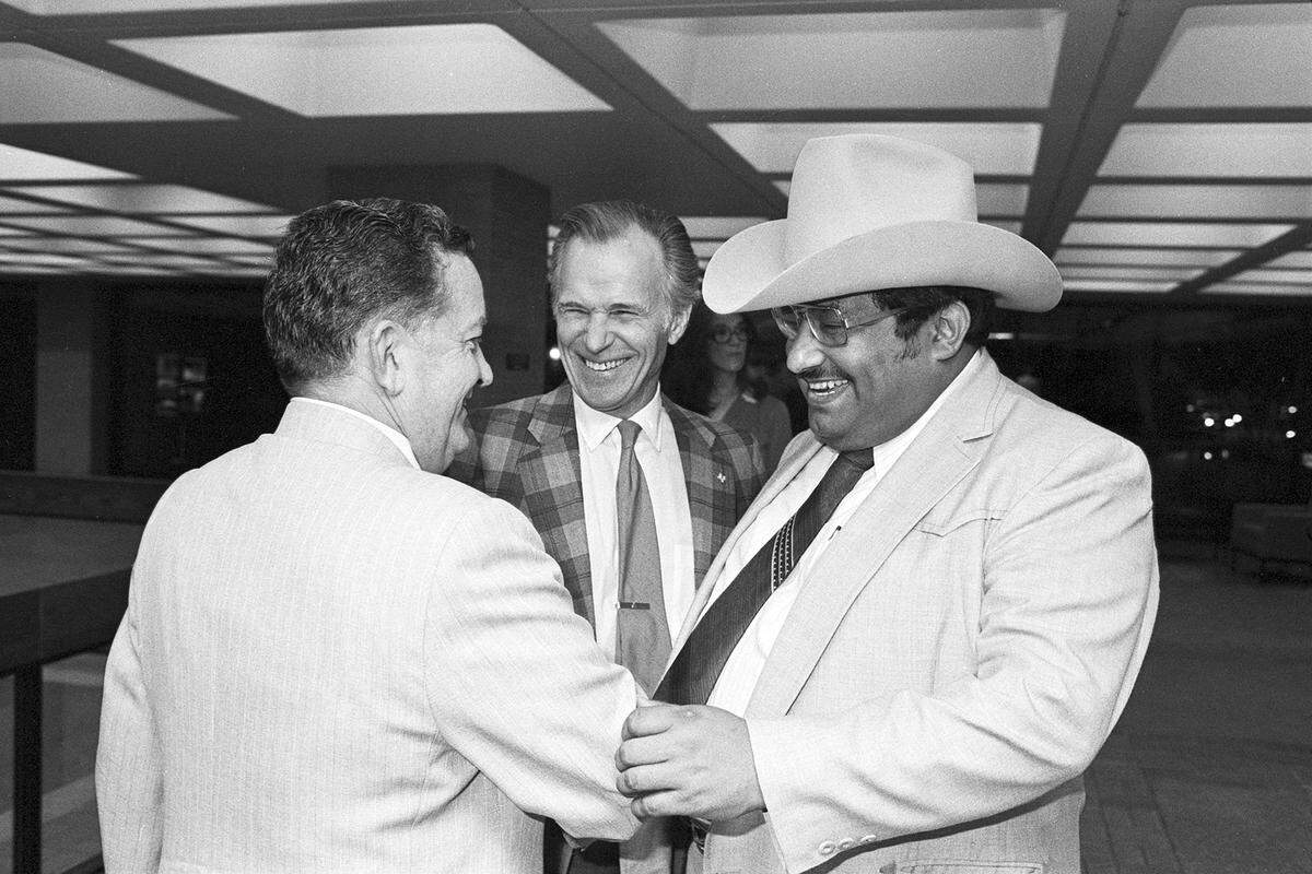 April 4, 1981: Louis Zapata, right, with Woodie Woods, center, and Herman Stute on election night in Fort Worth. All three men Woods and Zapata were running for re-election, Woods won the mayoral race and Zapata won a seat in city council.