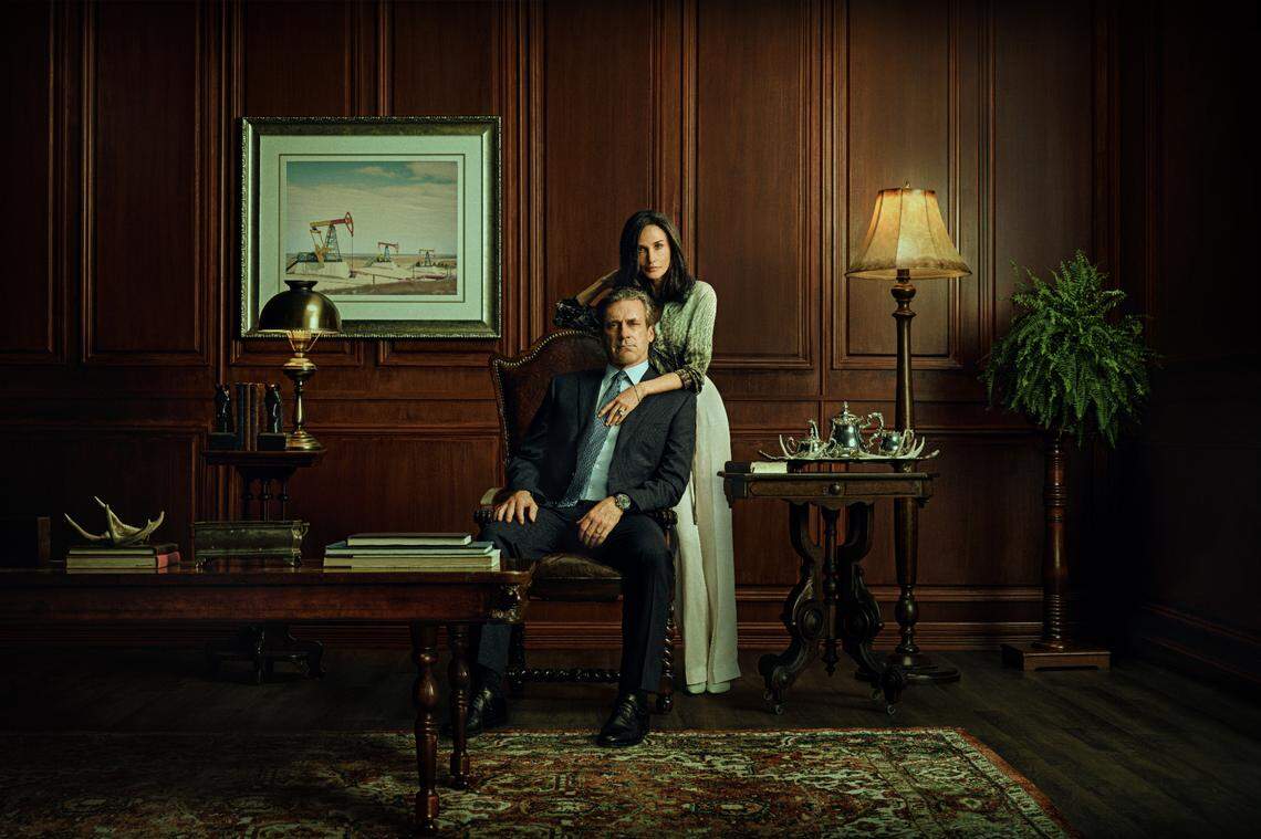 L-R: Jon Hamm as Monty Miller and Demi Moore as Cami Miller in season 1 of “Landman” streaming on Paramount+ on Nov. 17.