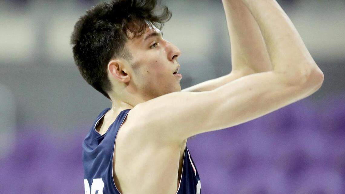 Chet Holmgren, a Gonzaga incoming freshman, practices during training camp for the 2021 USA Basketball MenÕs U19 World Cup Team on Tuesday, June 22, 2021, at TCUÕs Schollmaier Arena. Holmgren is one of 17 players chosen as finalists vying for a spot on the final 12-member USA U19 World Cup Team.