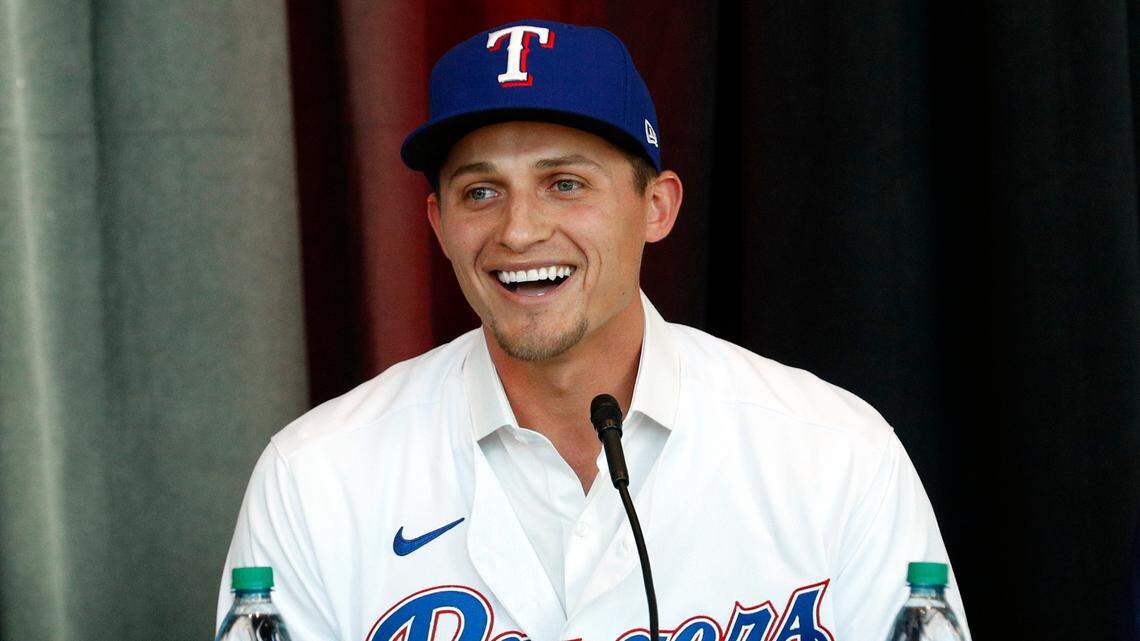 New Texas Rangers shortstop Corey Seager was introduced at a press conference at Globe Life Field on Wednesday. Seager signed a 10-year, $325 million deal.