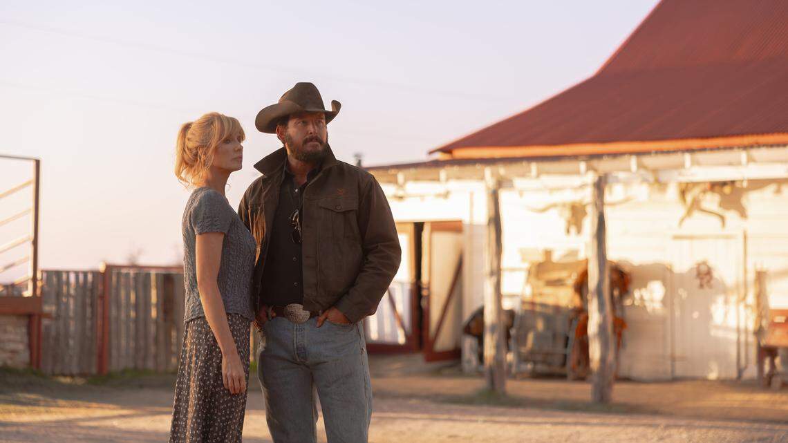 L-R: Kelly Reilly as Beth Dutton and Cole Hauser as Rip Wheeler in “Dutton Ranch,” episode 8, season 1, streaming on Paramount+, 2026.