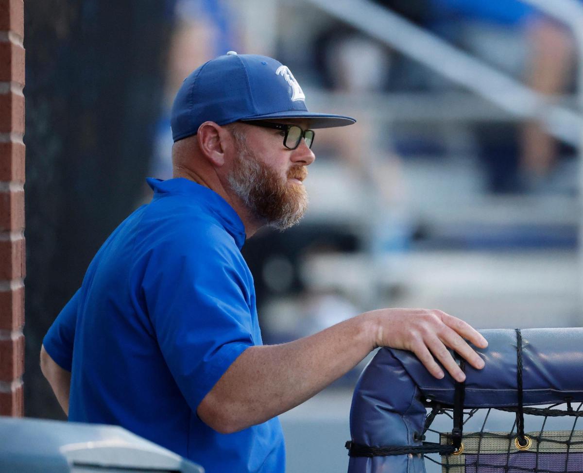 Brock head coach Koby Page watches game action from outside the corner of the dugout during a UIL Area Round 4A D2 baseball playoff game at Ranger Field in Saginaw, Texas, Friday, May 09, 2025.