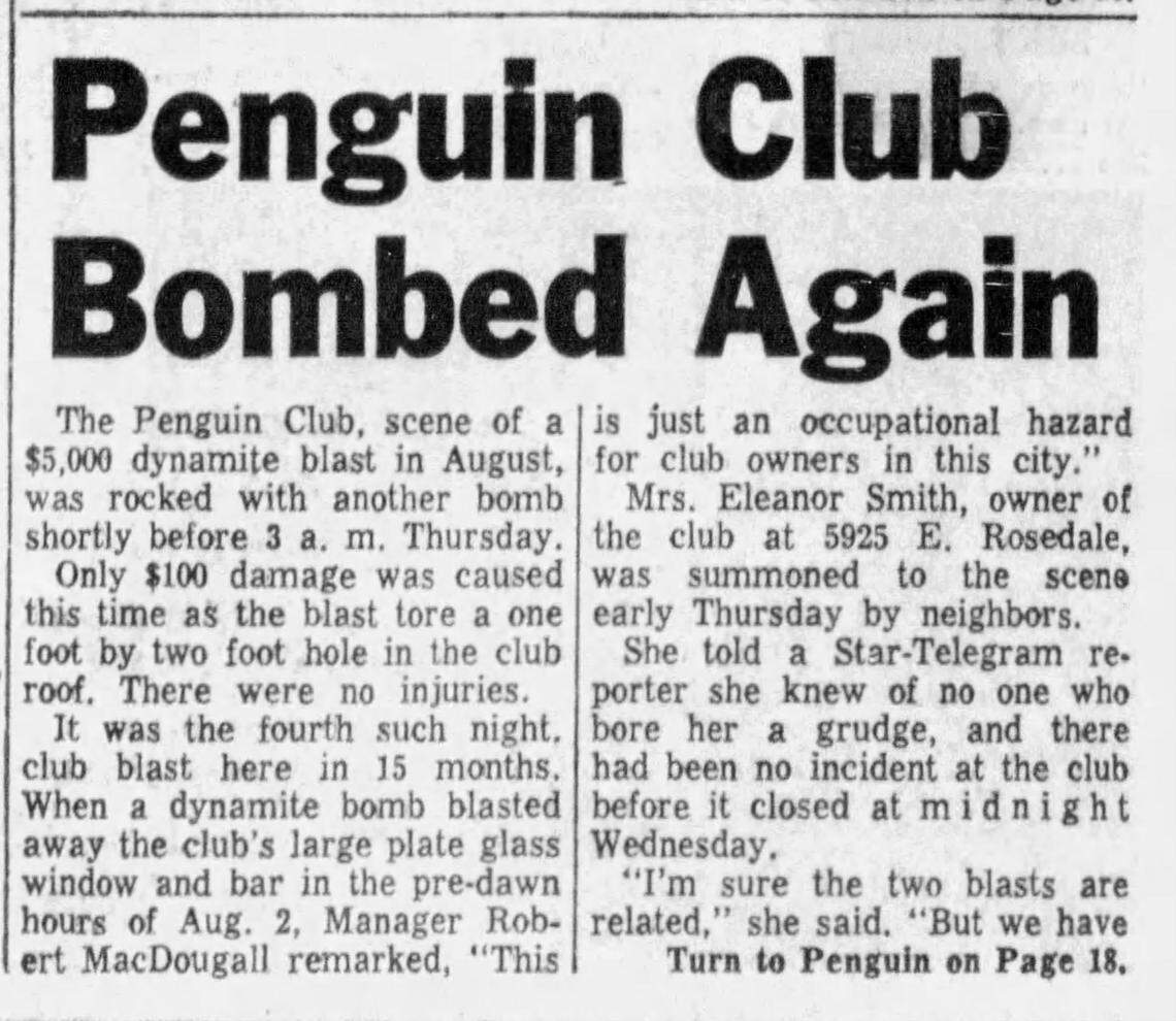 A front-page story in the Fort Worth Star-Telegram on Dec. 12, 1957, about the Penguin Club being bombed for a second time in four months.