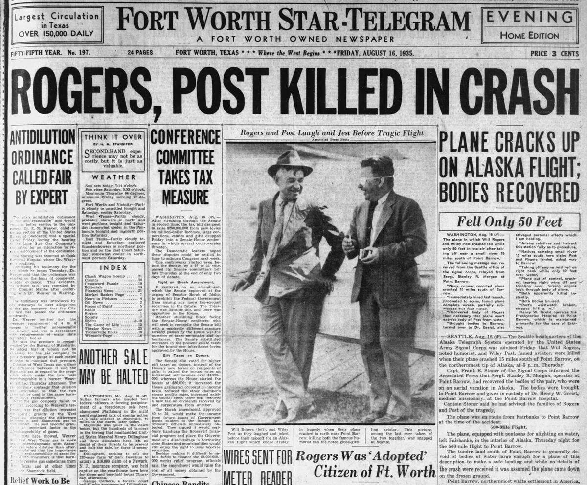 The front page of the Fort Worth Star-Telegram on Aug. 16, 1935, with news of the death of Will Rogers in an Alaska plane crash.