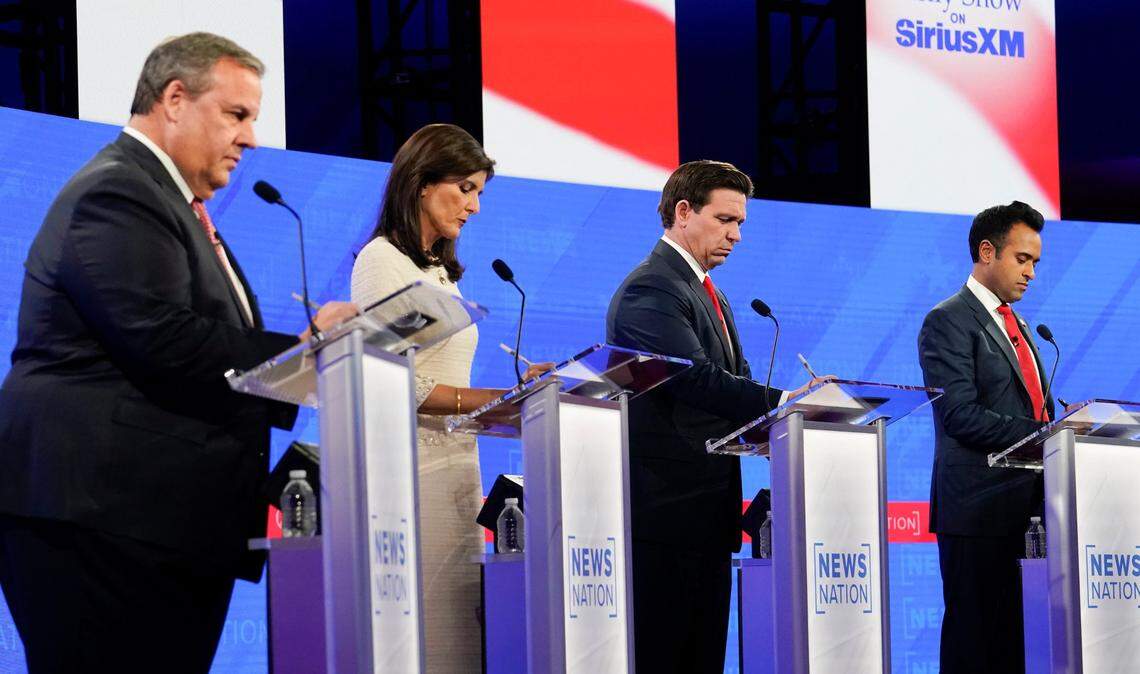 From left: Chris Christie, Nikki Haley, Ron DeSantis and Vivek Ramaswamy during the fourth Republican presidential primary debate in Tuscaloosa, Alabama, on Dec. 6.